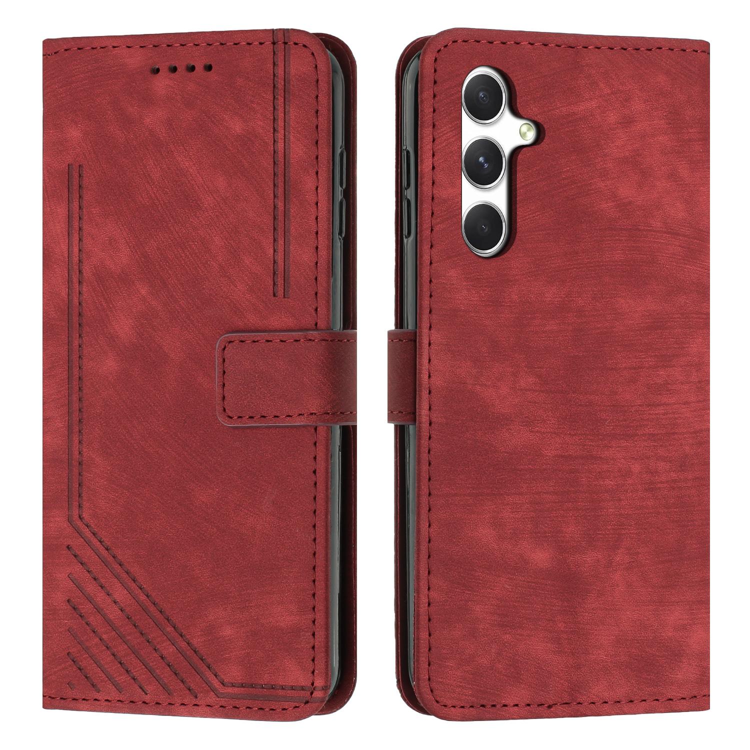 

For Samsung Galaxy A56 5G Case Imprinted Lines Leather Phone Cover Folding Stand Red