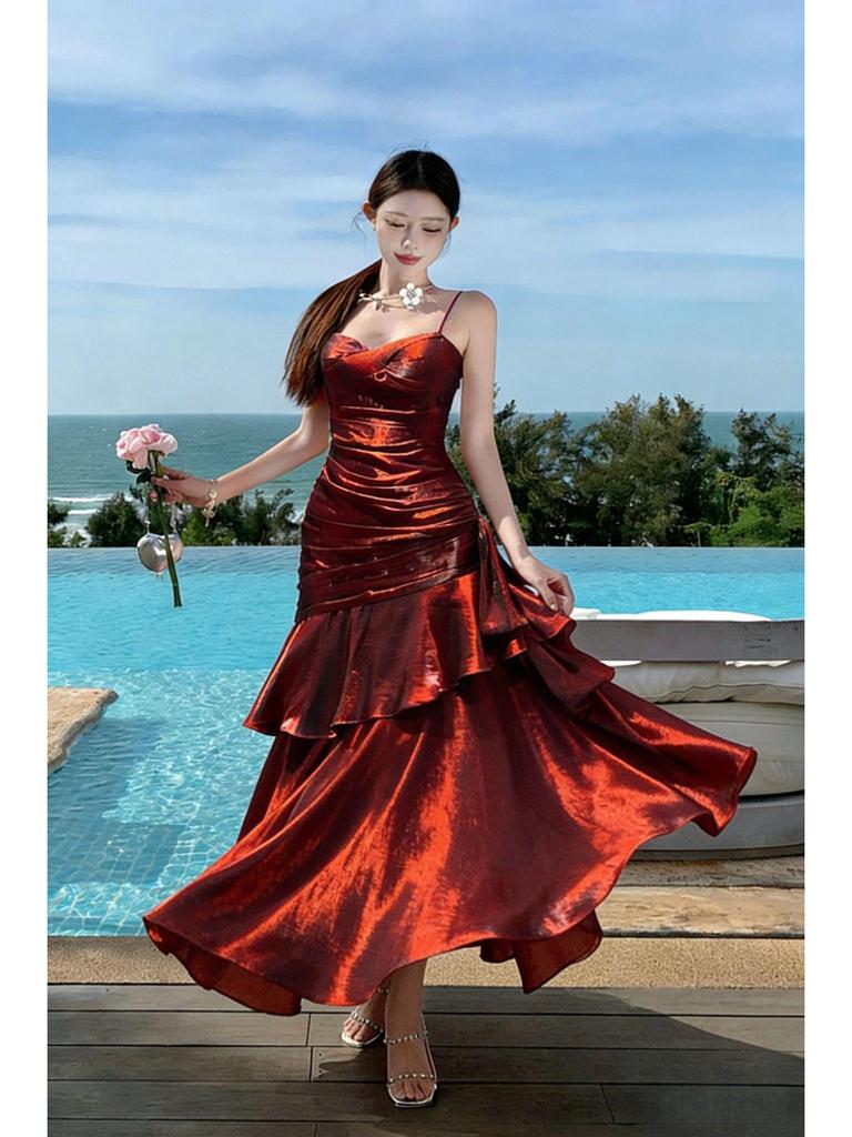 Sanya French Seaside Spaghetti Strap Ruffled Vacation Dress