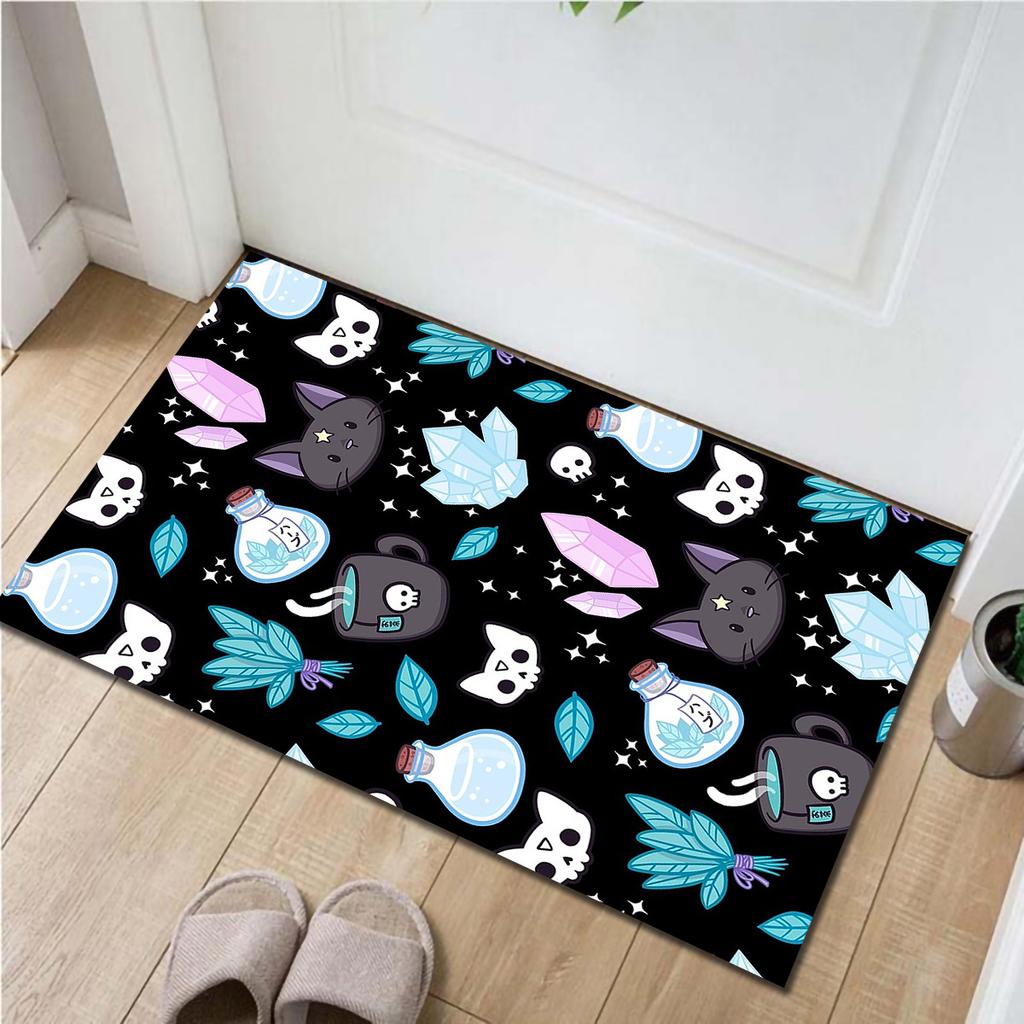 Charming Skull Cat Halloween Floor Mat - Machine Washable Polyester Rug for Living Room & Bedroom Decor