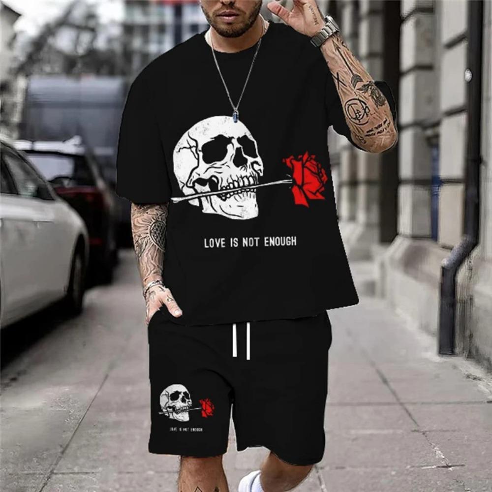 Summer New Casual Men's Skull Print T-Shirt Set Fashion Streetwear Tees Loose Oversized Breathable Soft Short Sleeves And Shorts