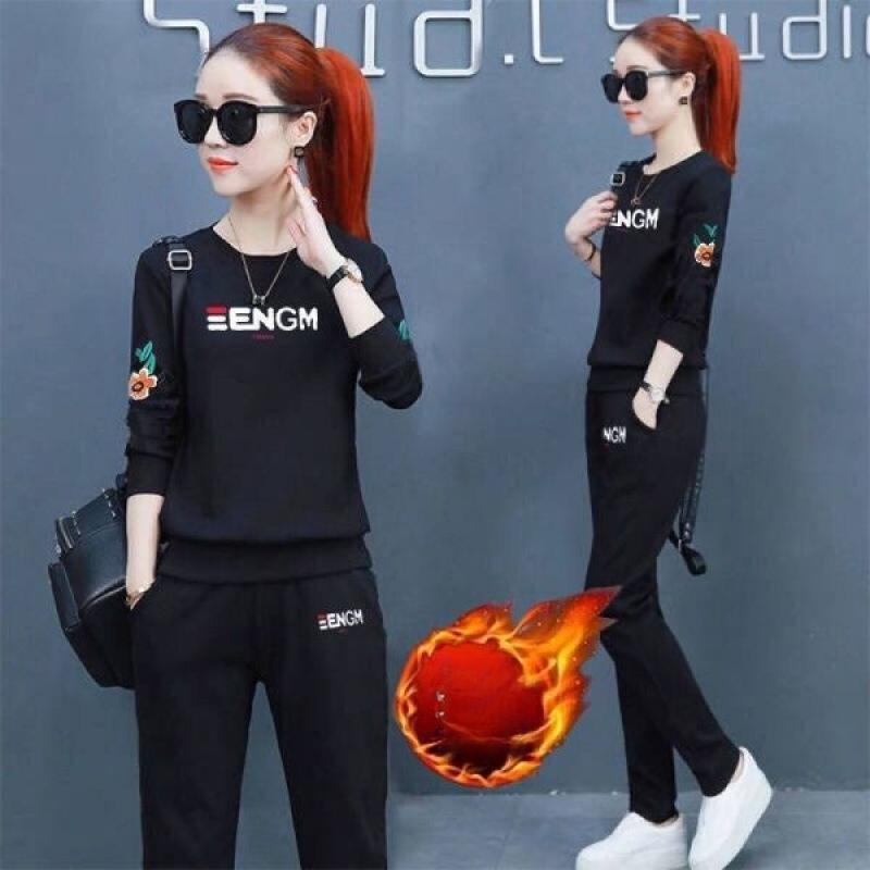 

Velvet Thickened Sports Suit for Women Autumn and Winter Printed Loose Korean Style Casual Wear Long-sleeved Two-piece Set 3XL чорний