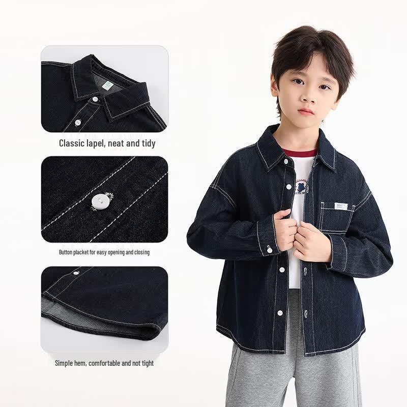 Boys' Stitching Lapel Pocket Denim Shirt