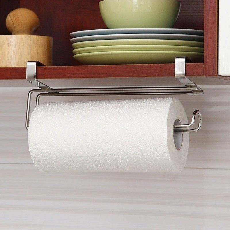 New Paper Roll Towel Holder Stainless Steel Racks Under Drawer Cabinet Door Back Hanging Hook Holder Kitchen Bathroom Gadget