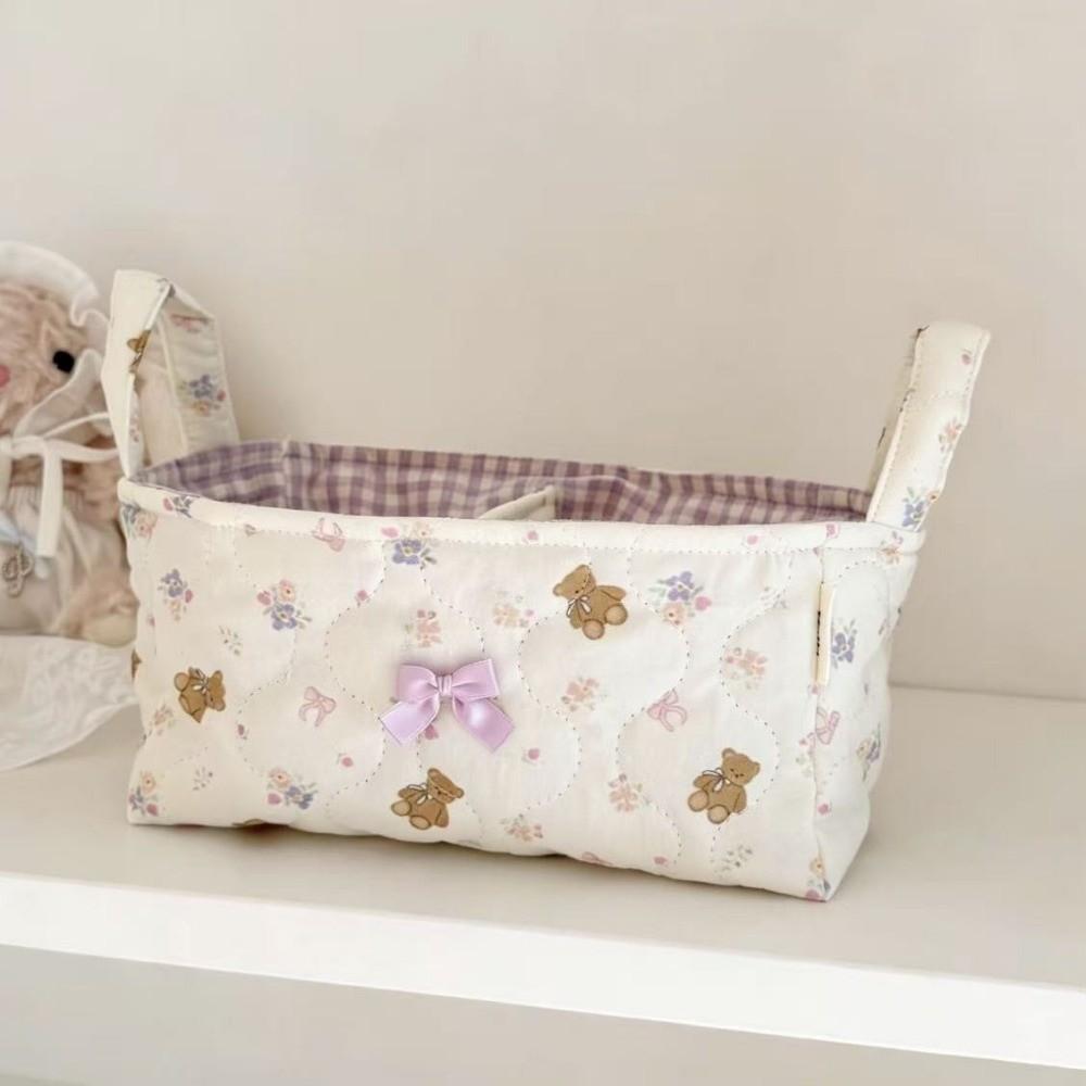 Cotton Small Quilted Storage Basket Folding Floral Bow Storage Basket  Dresser