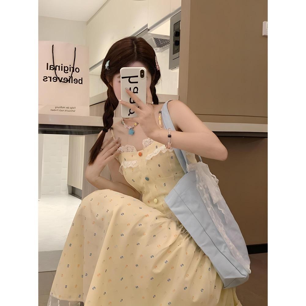 Gentle and Sweet Wind Yellow Floral Suspender Dress Unique and Beautiful Temperament Waist a Word Long Dress Summer