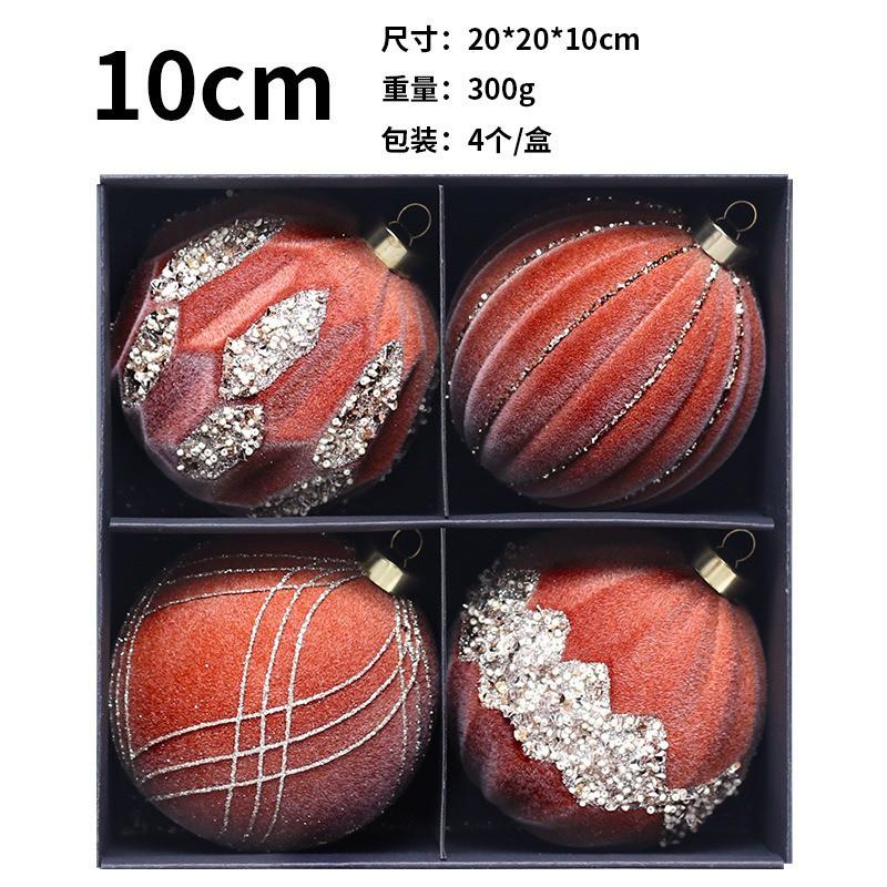 10cm Flocked Christmas Balls 4pcs Gift Box Set Glitter Rhinestone Tree Decorations
