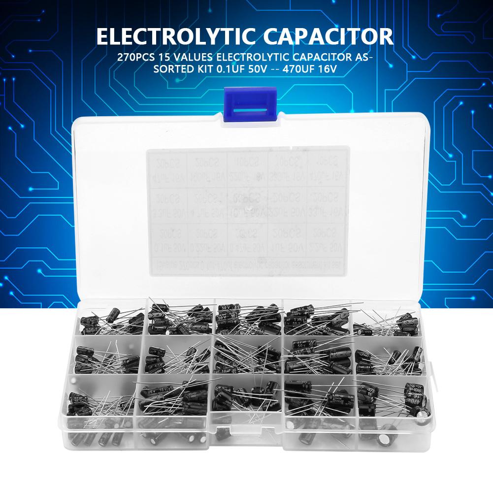 270pcs 15 Values Electrolytic Capacitor Assorted Kit 0.1uF 50V   470uF 16V