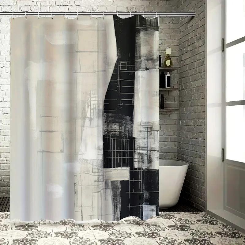 

Black White Modern Style Shower Curtain Abstract Design Home Decor Bathroom Accessories Set Waterproof Bath Mat with Hooks W90xH180cm