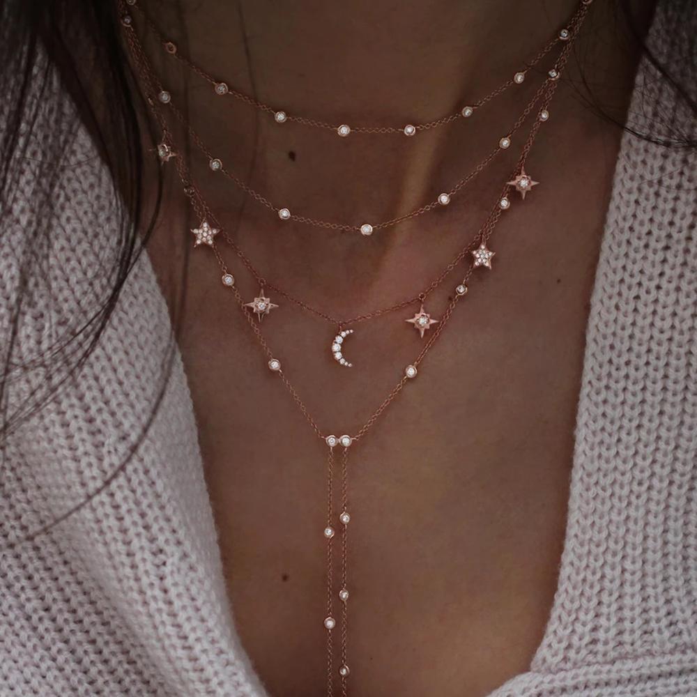 New Vintage Crystal Geometry Star Moon Lock Necklace For Women Boho Multi-level Pendants Necklaces Chokers Jewelry Gift