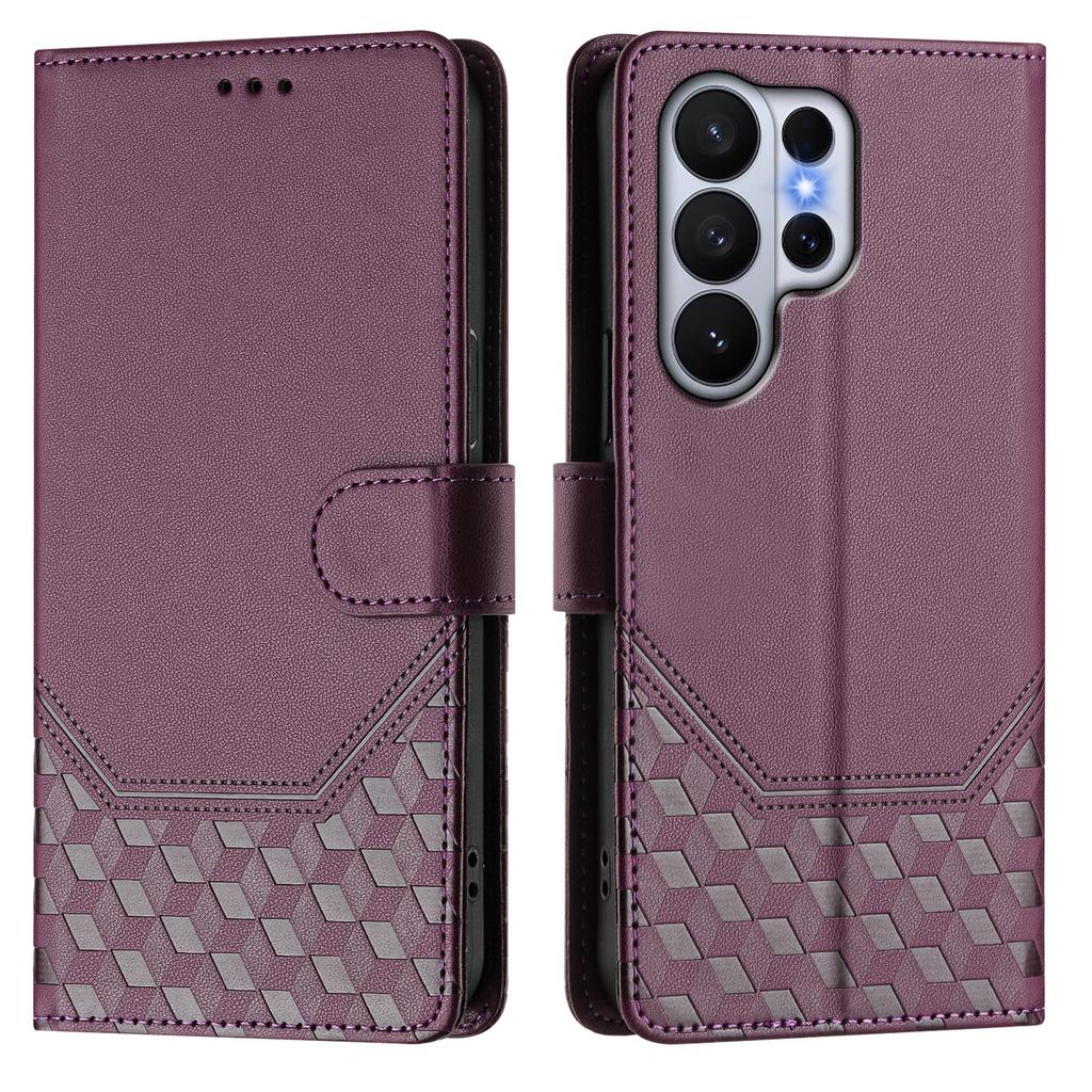 For Samsung Galaxy S26 Ultra Case Imprinted Honeycomb RFID Blocking Leather Phone Cover with Strap