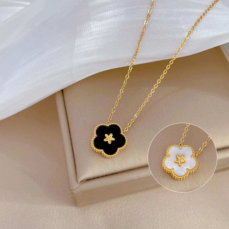 Five-Leaf Flower Double-Sided Minimalist Wind Furnace Real Gold Necklace Female Collarbone Chain With