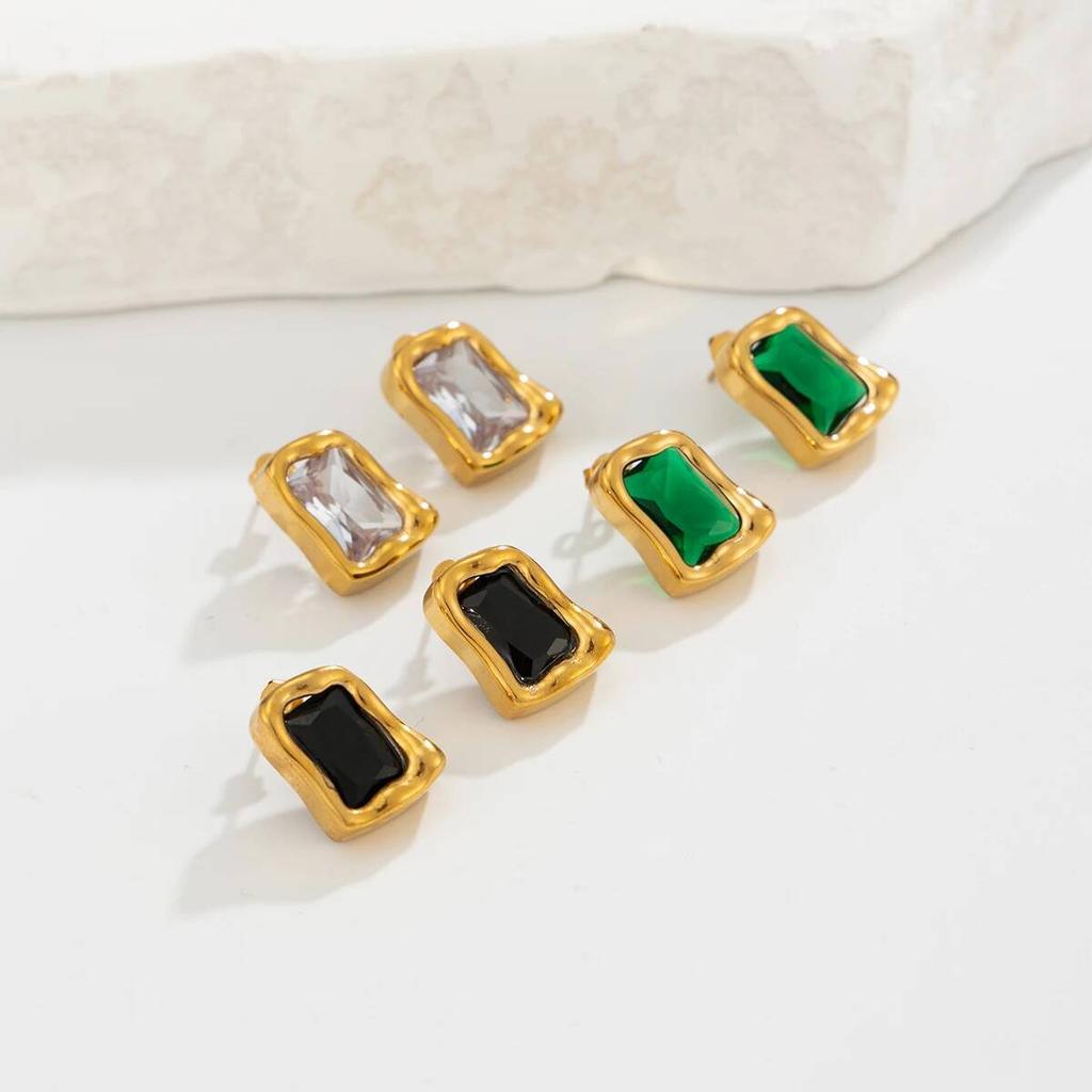Salircon Exquisite Square Zircon 18K Gold Plated Square Stud Earrings for Women Exquisite Waterproof Stainless Steel Jewelry