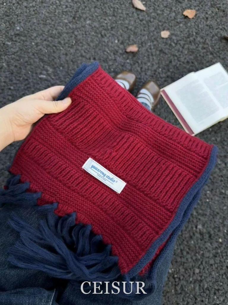 2025 Autumn/Winter Red Tassel Knitted Scarf: Women's Versatile High-End Whitening Neck Warmer & Shawl, Ideal Christmas Gift.