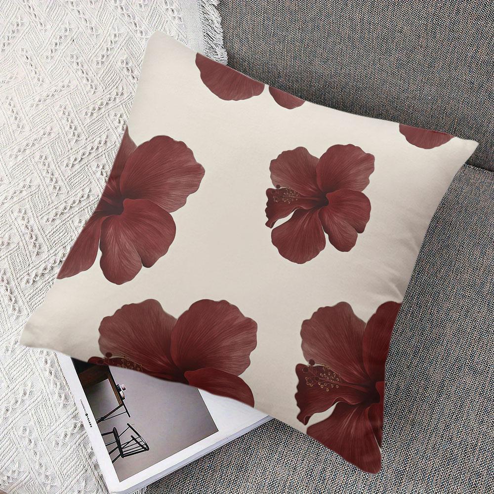 Burgundy Hibiscus Blooms Square Jacquard Pillow Cover for Sofa Office Waist Cushion Cover Home Decorative Pillowcase