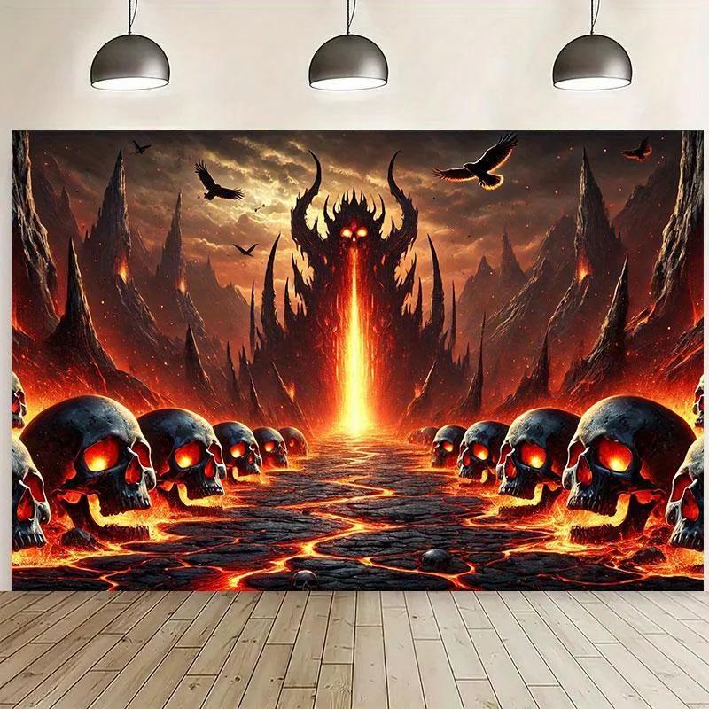 2D flat banner 1 piece Large Hell Gate Background Cloth - Gothic-style Demon Theme Photography Background with Flames.PMJ