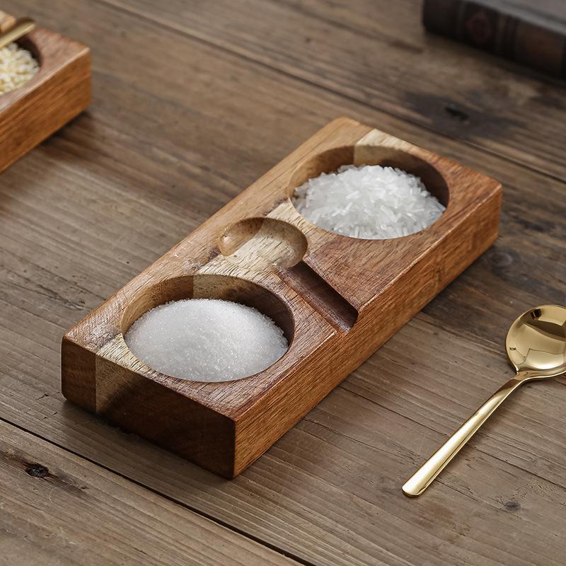 Natural Solid Wood Condiment Tray, Compartmented Serving Dish with Spoons for BBQ Dipping Sauces and Table Organization