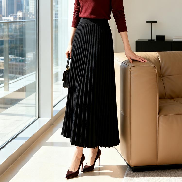Fei Yuan Women's Elegant High-Waist Accordion Pleated Skirt - Autumn/Winter Style