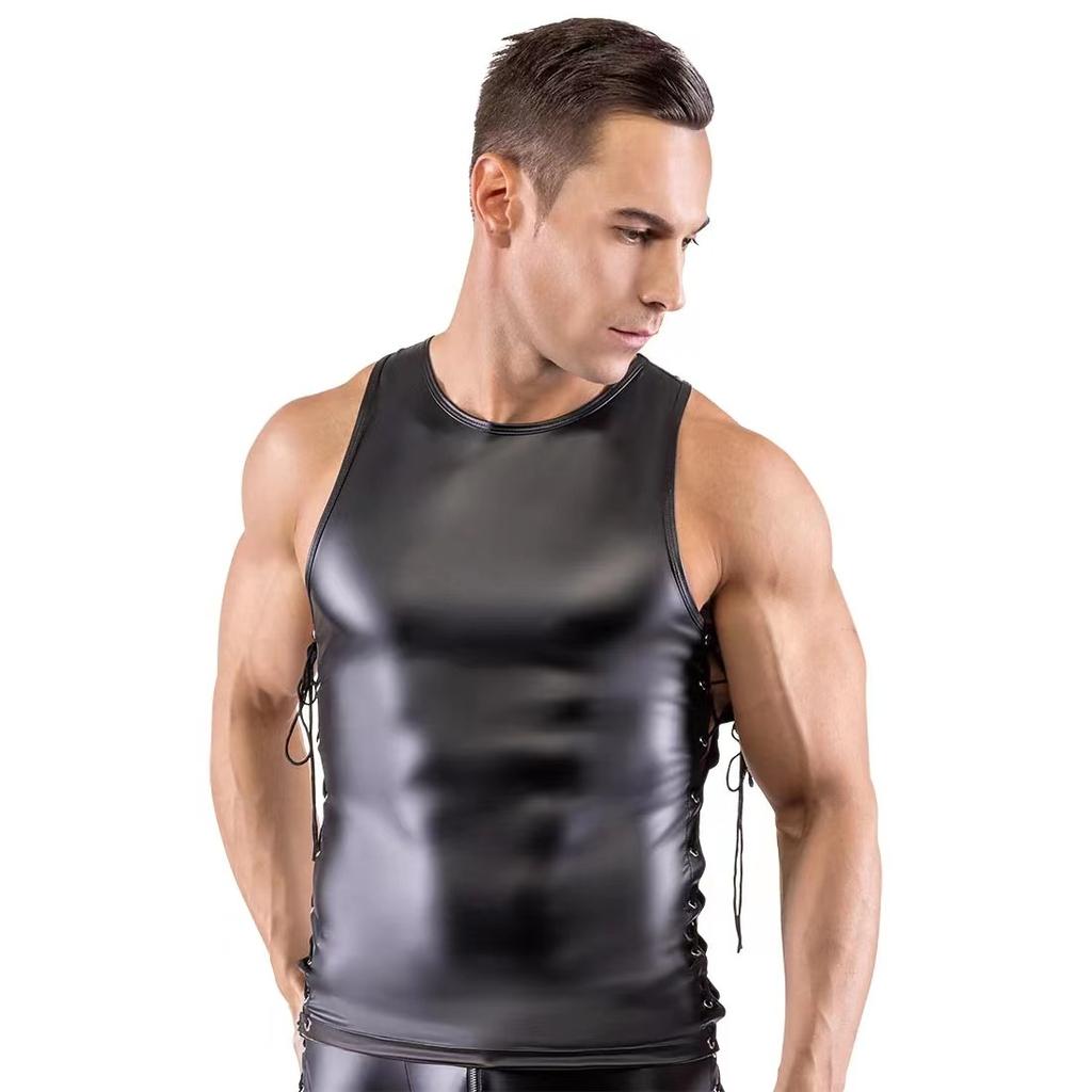Menn Sexy PU Skinn Svart Undertøy Tank Tops Sett Muskel Form Cosplay Kostyme Åpen glidelås Erotisk Undertøy Gay Hollow