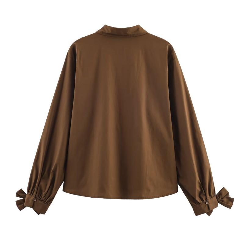 Womens Oversized Long Sleeve Shirt With Bow Detail Casual Button-Up Blouse Loose Fit 2025