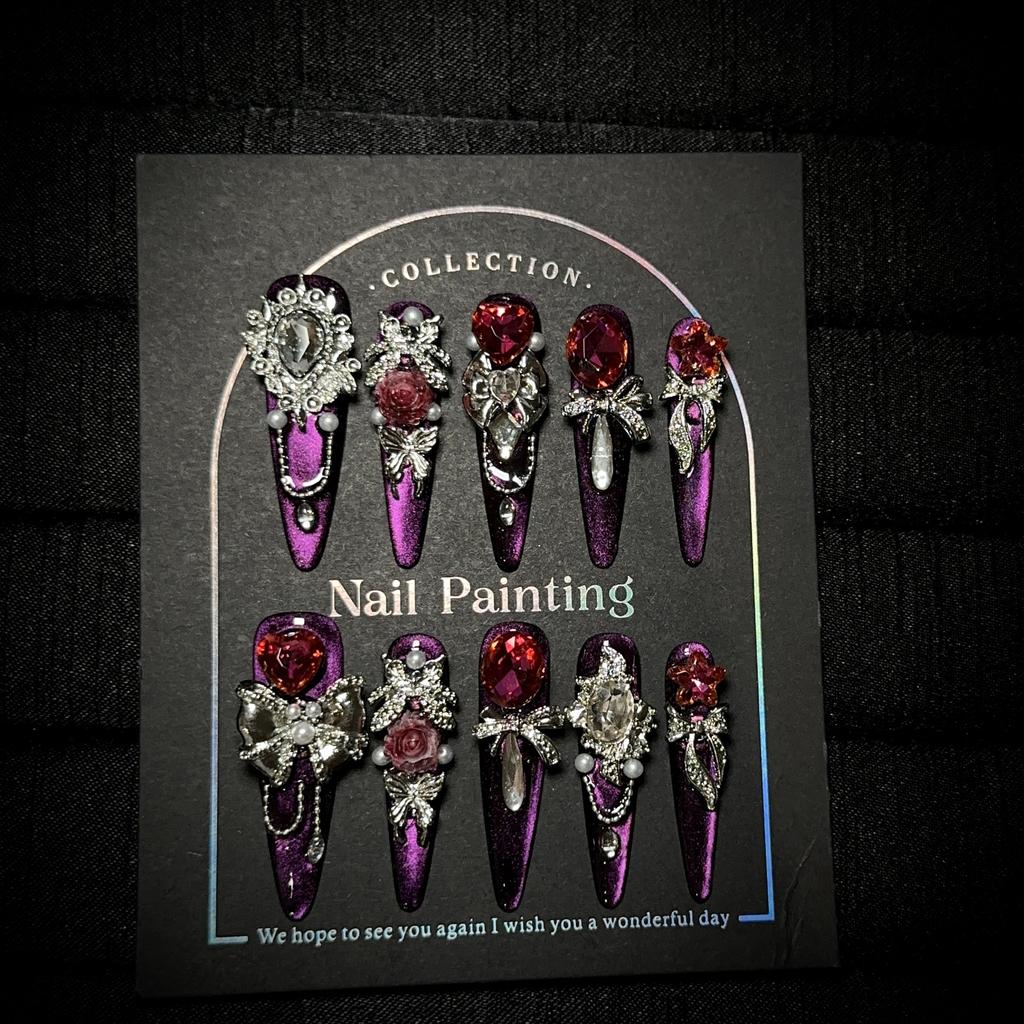 Handmade Luxury Press On Nails Long Almond French Tip Sparkly Fake Nails 3D Rhinestones Designs Acrylic Nails Reusable Stick On Nail for Women