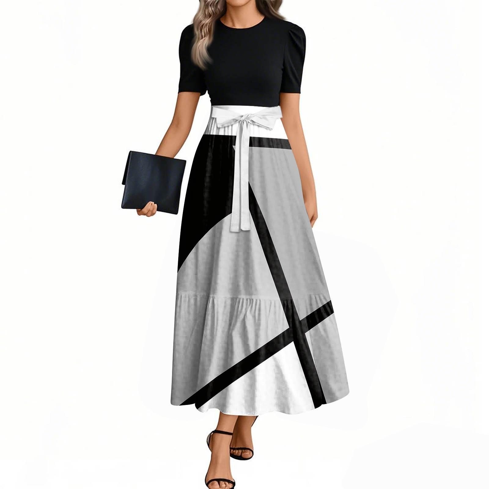 

Women s Fashion Casual Belt Short Sleeve Round Neck Line Splicing Elegant Temperament Dresses XL