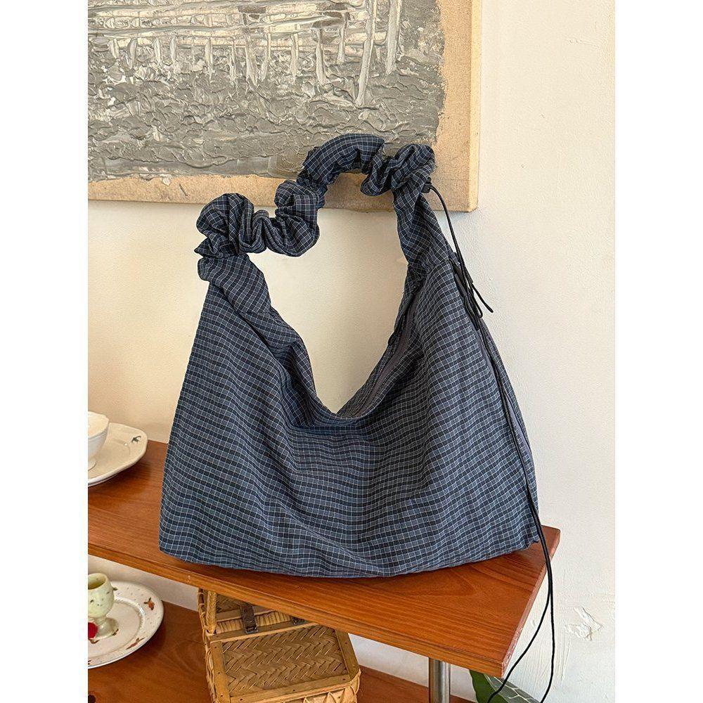

2025 Korean Retro Plaid Canvas Drawstring Tote - Large Commuter Shoulder/Crossbody Bag