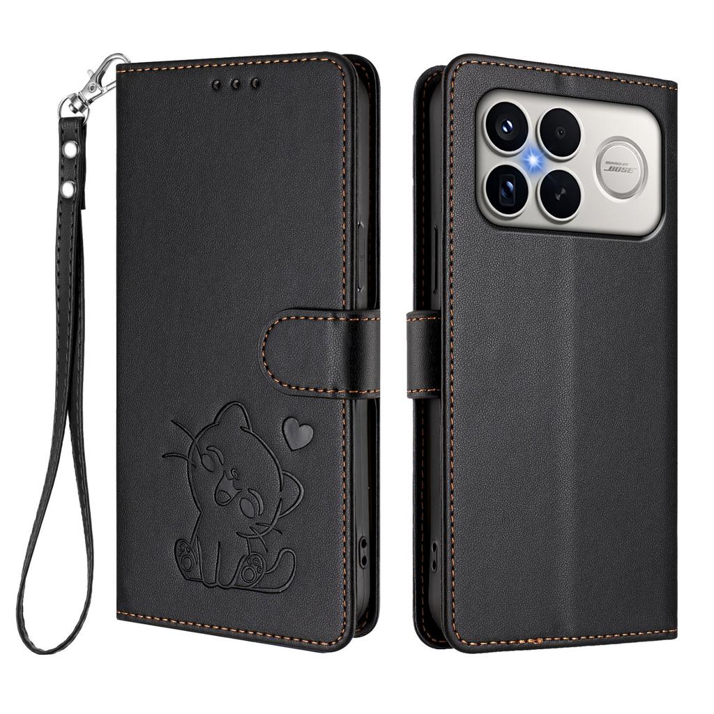 For Xiaomi Redmi K90 Pro Max 5G Wallet Case with Wrist Strap Love Cat Pattern Imprint Leather Phone Cover