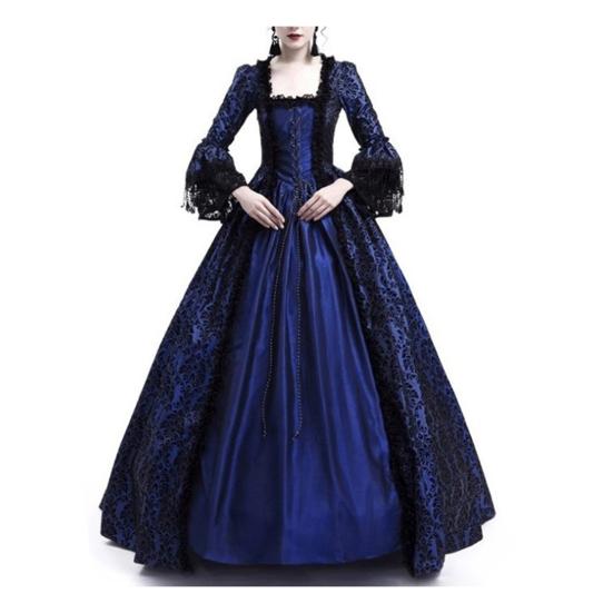 Vintage Women Medieval Gothic Square Neck Flare Sleeve Lace Patchwork Maxi Dress