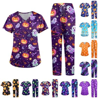 Women's Halloween Print Scrub Set V-Neck Short Sleeve Top with Pocket and Pants 2-Piece Uniform