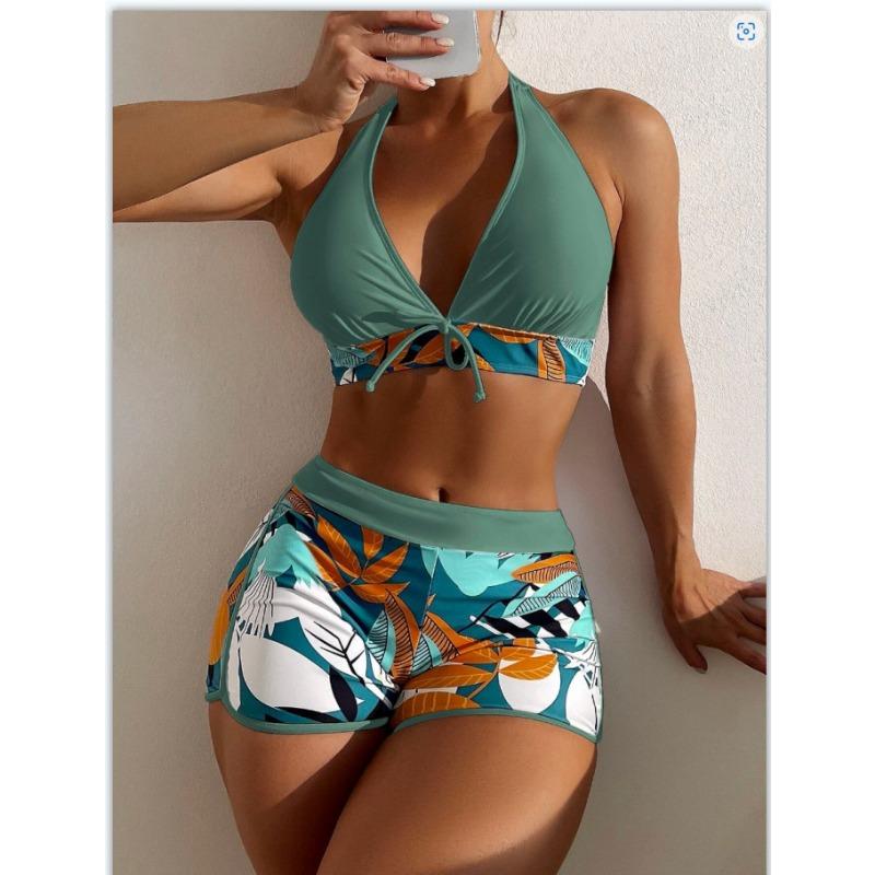 

Раздельный купальник консервативный с высокой талией шорты с принтом ремешок на шею консервативный костюм бикини S