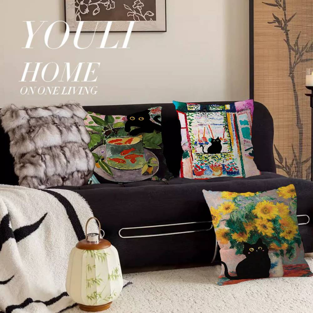 Svart Katt Van Gogh Kuddfodral Tecknad Gåva Kuddfodral Sovrum Hem Soffa Stol Säte Dekor Kuddfodral