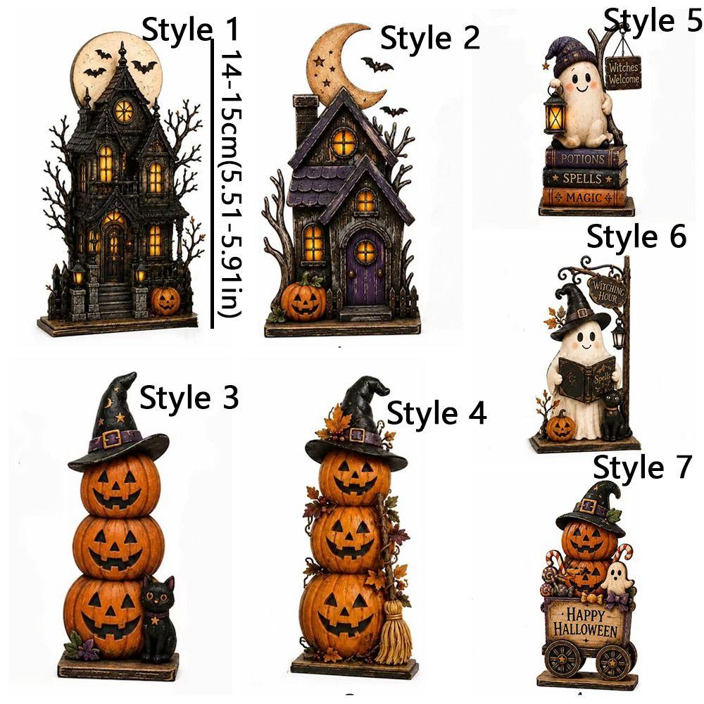 Spooky Wood Haunted House Statue Vintage Stacked Pumpkin Cart Ornament Shelf Decor