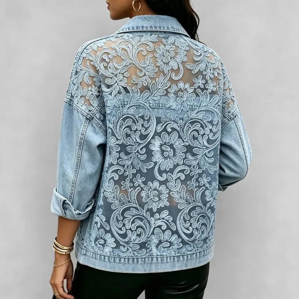 Giacca da Donna in Denim Patchwork Ricamato con Pizzo Floreale Trasparente Manica Lunga Streetwear Casual Capospalla Corto per Primavera Autunno