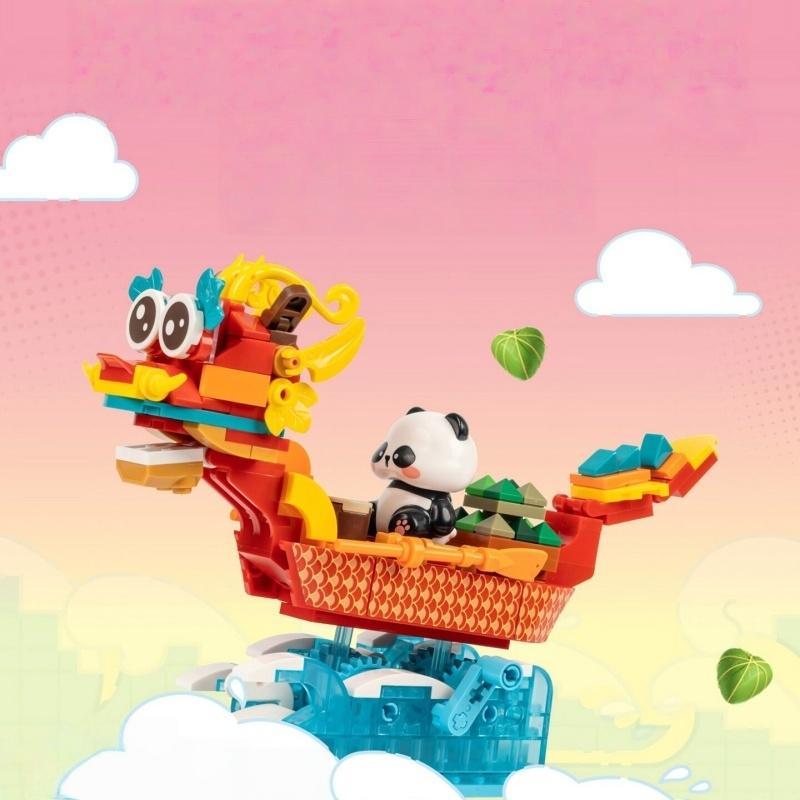 Chinese Dragon Boat Building Blocks Q Version Panda Model Cartoon Animal Collection Ornaments Birthday Gift Children's Toys