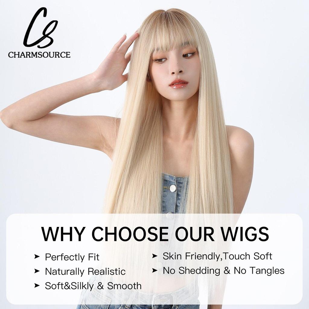 White Platinum Blond Wigs for Woman Long Straight Wavy Wig with Bangs Daily Party Heat Resistant Fiber Synthetic Hair