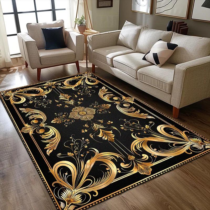 Black Gold Floral Turkish Print Carpet Living Room Sofa Area Rug Home Decor Bedside Area Rug Balcony Kitchen Table Floor Mat