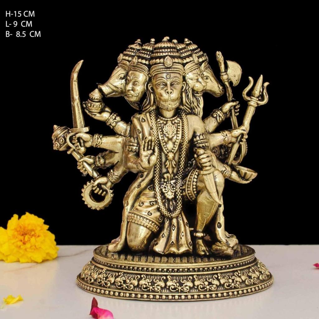 Messing Panchmukhi Hanuman Idol | 5" Bajrangbali Sankat Mochan Hanuman Murti Statue Figur Perfekt für Puja Haupteingang