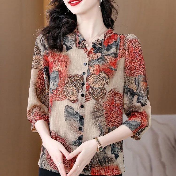 

Spring Summer Short-sleeved Top Age Reducing and Belly Covering Print Mother Put Large Size Chiffon Women XXXXXL