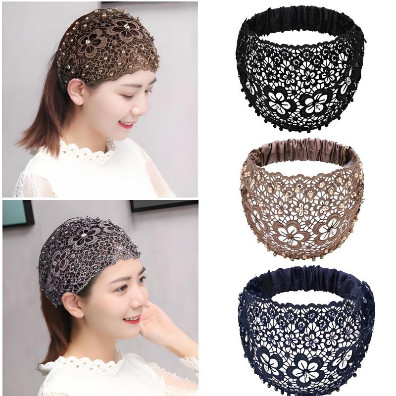 Elegant Women Hollow Headband Flower Pattern Shiny Rhinestones Faux Pearls Hair Band High Elastic Wide Hair Hijabs Holder