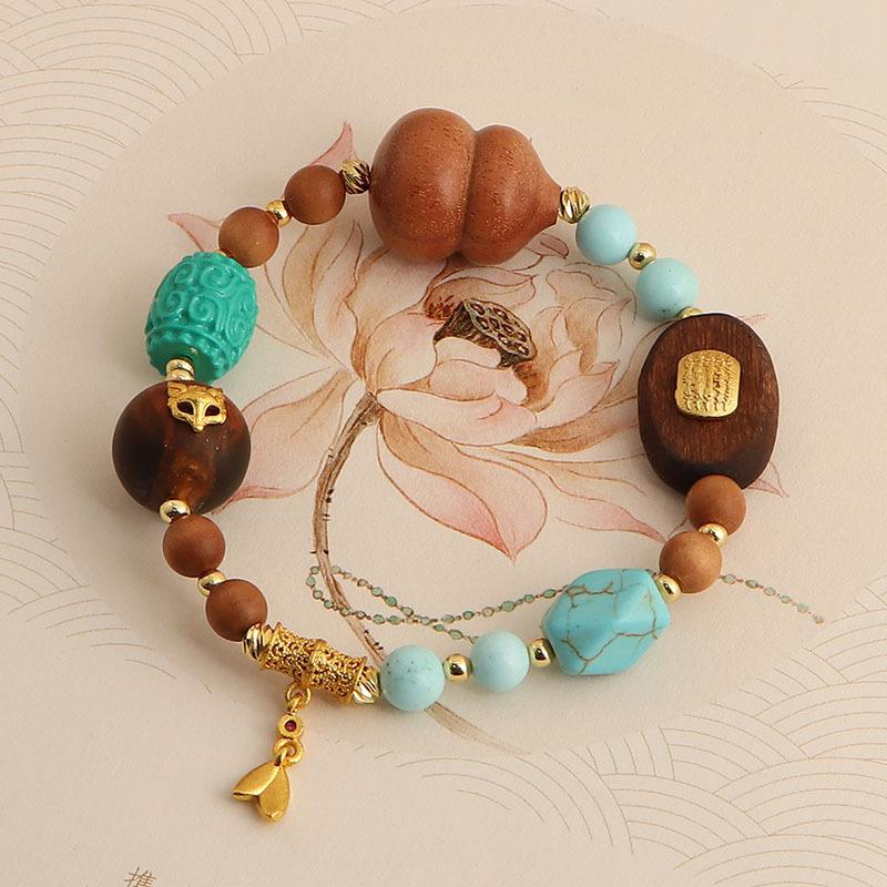 New Chinese Magnesite Turquoise Sandalwood Bracelet Design Gentle White Nine-tailed Fox Red Agate Accessories Fashion Bracelet