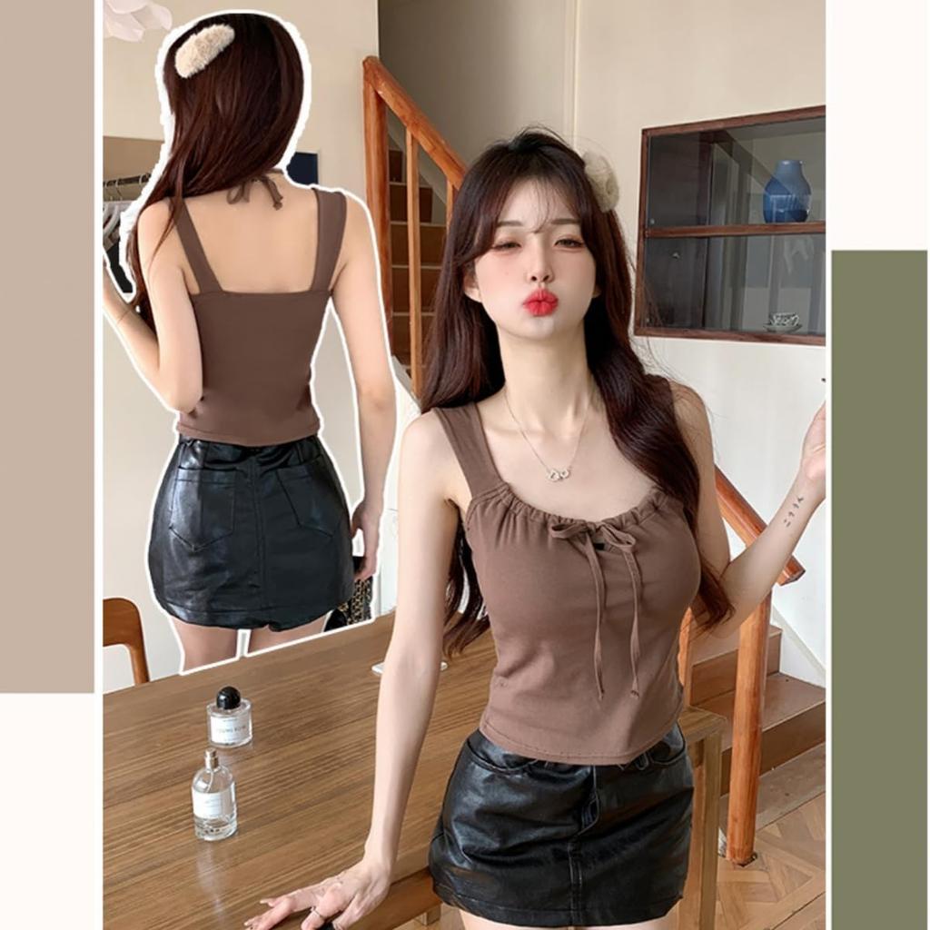 Weuiean Camisole with Wide Halter One Size Fits Most Women's 2-Way Cups, Straps, Ribbon, Neck, Wireless, (Black) LCBX-68