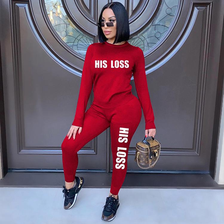 

JH5815 Женский однотонный костюм из двух частей с круглым вырезом и длинными рукавами и буквенным принтом XXL красный