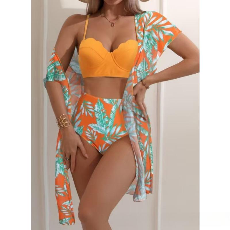 

New Maple Leaf Print High-waisted Mesh Jacket Slim Bikini Swimsuit Sexy Suit M