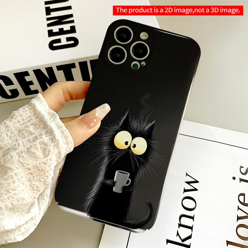 2DFlat Black Cat with Steaming Coffee Cup Phone Case All inclusive film hard iPhone case, compatible with iPhone 18 Pro Max 17 16 15 14 13 12 11