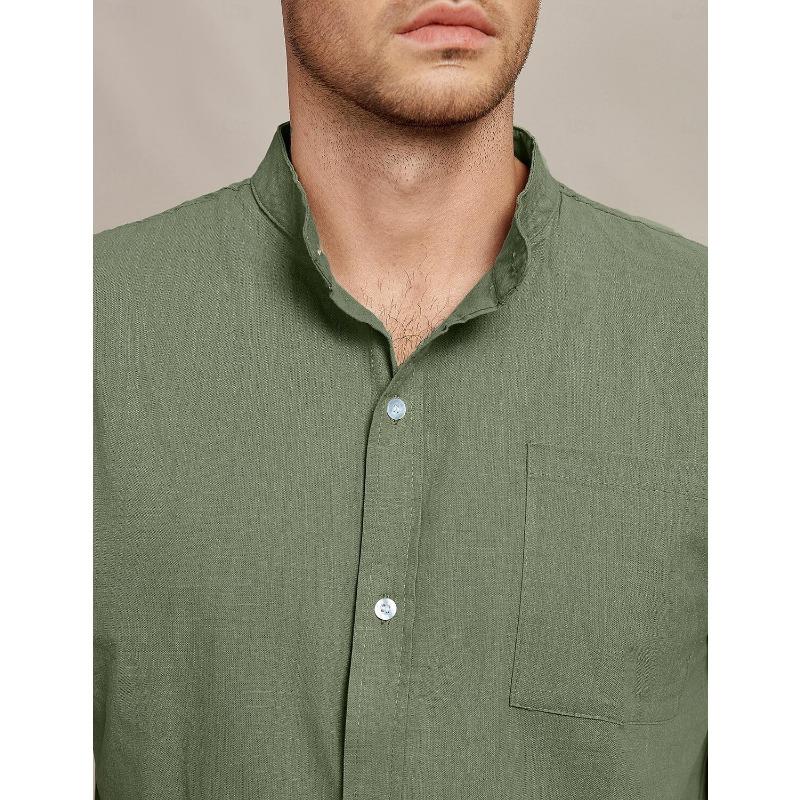 Men Stand Collar Short Sleeve Linen Shirt Full Button Down Chest Pocket Solid Casual Blouse