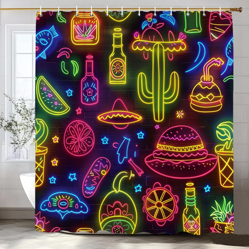 Textile Article Light Cartoon Creative Fluorescent Neon Pattern Shower Curtain, Bathroom Decorative Shower Curtain, Home Shower Curtain With Hooks