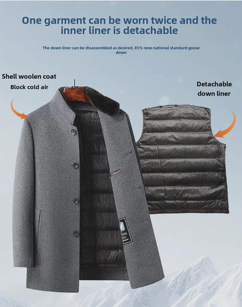 Abrigo de Lana de Largo Medio para Hombre con Piel de Visón, Forro Desmontable de Plumón de Ganso y Cuello Mao