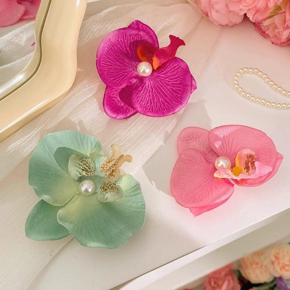 Korean Style Orchid Flower Hairpin Pearl Duckbill Clip Elegant Seaside Vacation Headwear  Daily
