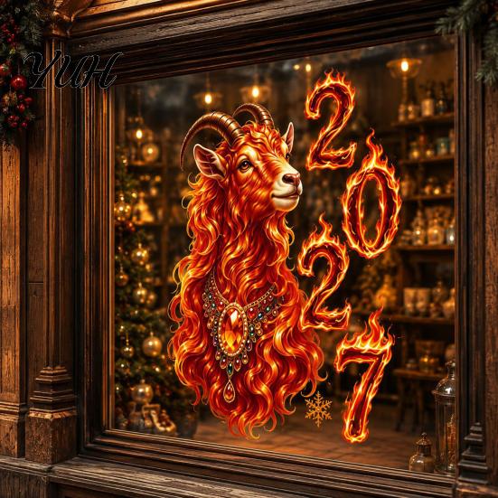 2027 New Year Decorations of Goat Window Cling, Lunar Zodiac Glass Auspicious Ornaments Sticker, Flame Style Spring Festival Door Decor for Home Shop