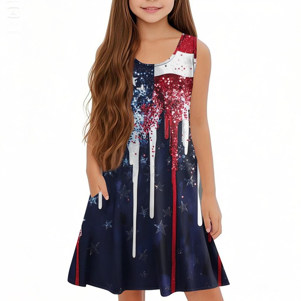 Children's Sleeveless U-neck Summer A-line Casual Independence Day Dress